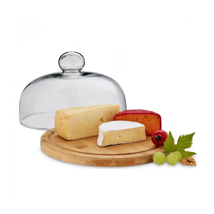 KELA Prkénko na sýr JONNA ø 24 cm se skleněným poklopem ø 21 cm